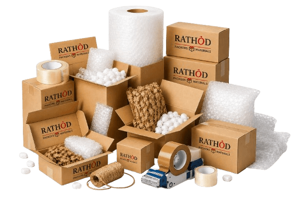 Wholesale packing material kit — corrugated boxes, bubble wrap, packing tape and fillers from Rathod Packing Material Hyderabad